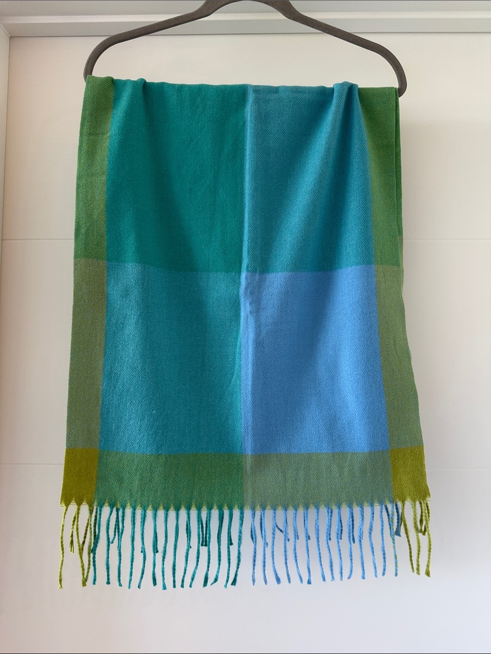 NWOT Belle by Kim Gravel Blue and Green Colorblock Scarf with Fringe